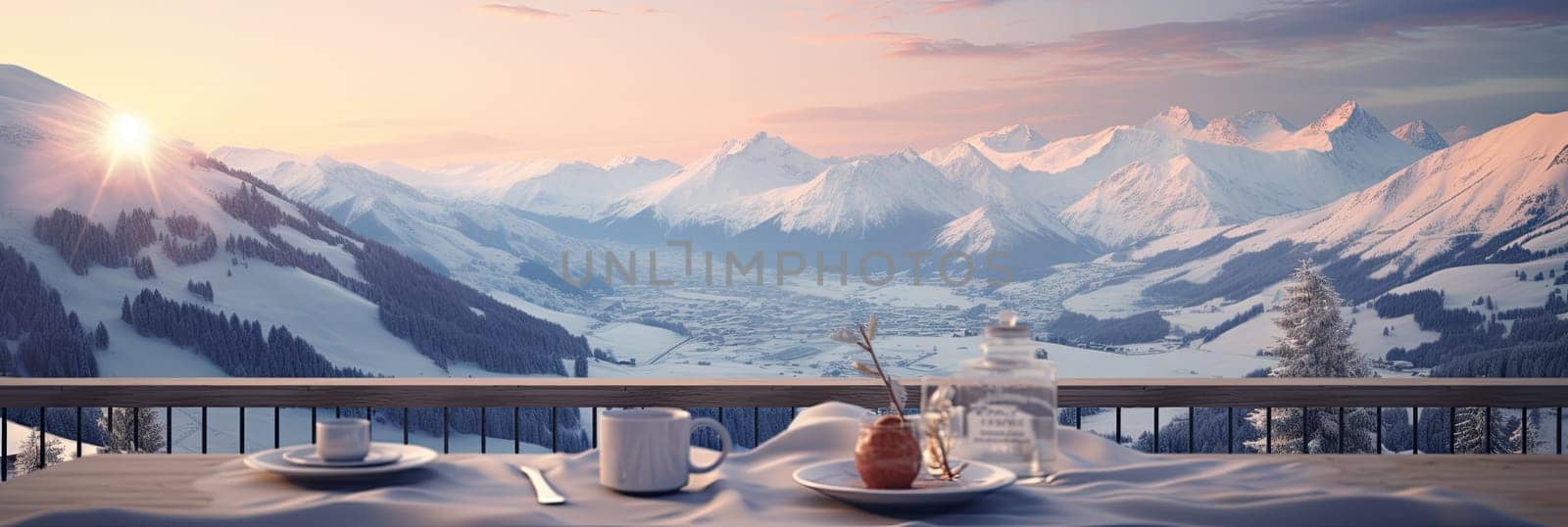 beautiful and cozy place in the hotel with a view of the winter, snowy mountains, Generative AI by AnatoliiFoto