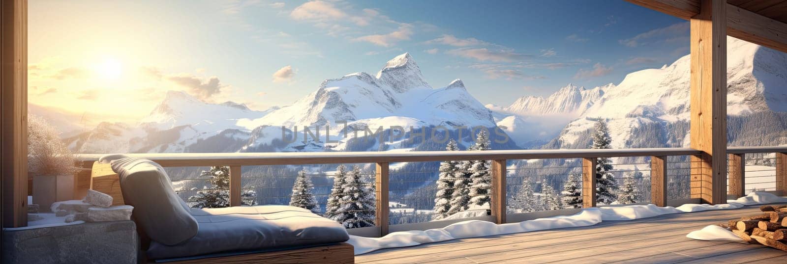 beautiful and cozy place in the hotel with a view of the winter, snowy mountains, Generative AI by AnatoliiFoto
