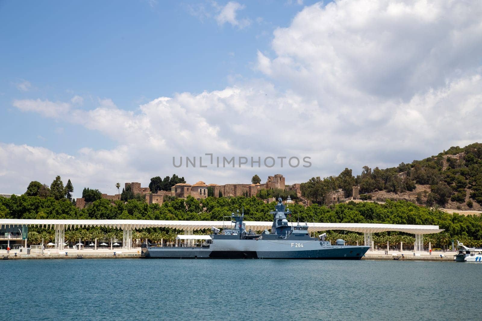 Malaga, Spain - May 25, 2019: The German Corvette F264 Ludwigshafen am Rhein anchored at Malaga Harbour