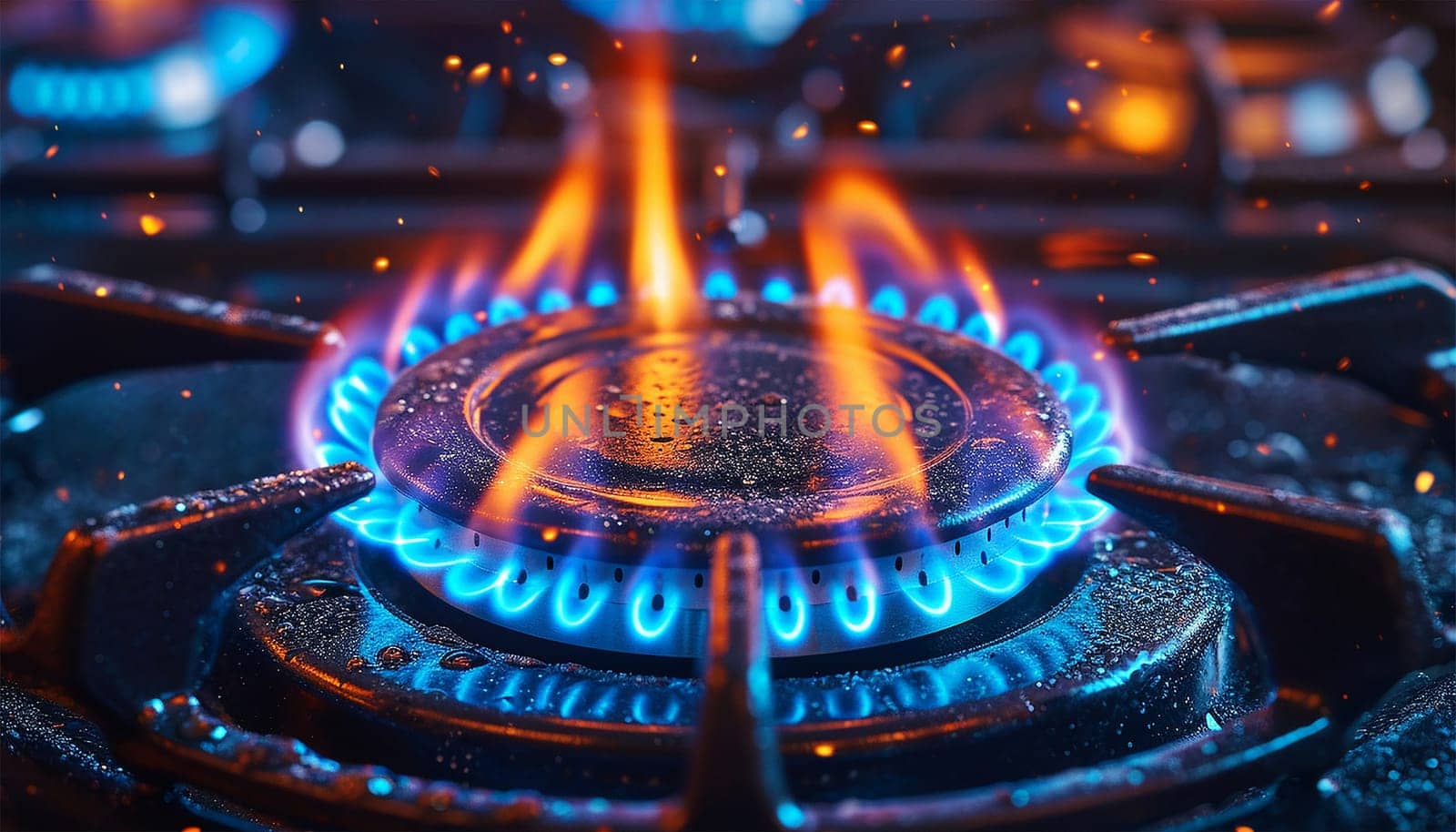 Burning gas stove. Closeup shot of blue fire from domestic kitchen stove top. Gas cooker with burning flames of propane gas. Industrial resources and economy concept. Kitchen gas flames by Annebel146