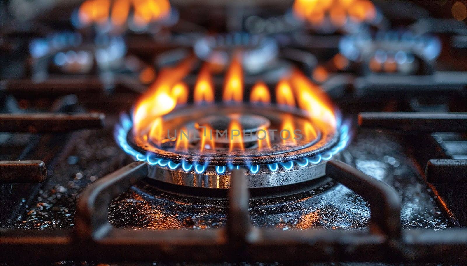 Burning gas stove. Closeup shot of blue fire from domestic kitchen stove top. Gas cooker with burning flames of propane gas. Industrial resources and economy concept. Kitchen gas flames burning