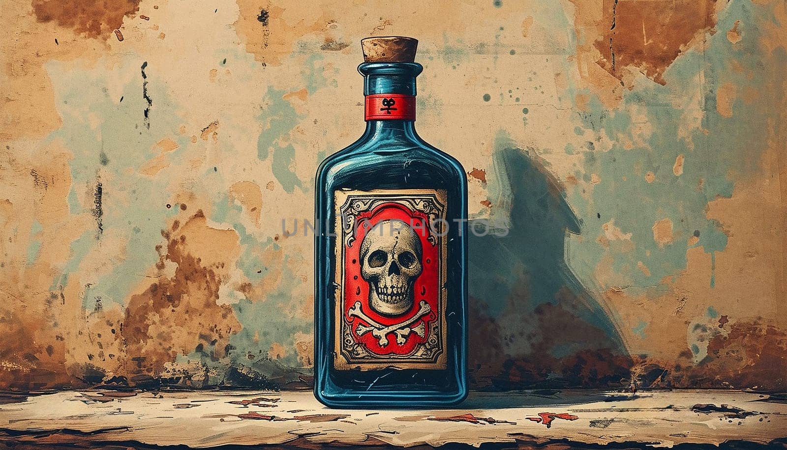 Poison bottle with skull and bones stands among pharmaceutical bottles. Danger sign, symbol of death. Concept background on poison poisoning, pharmaceutical, chemistry, medical, old science topic. Copy space