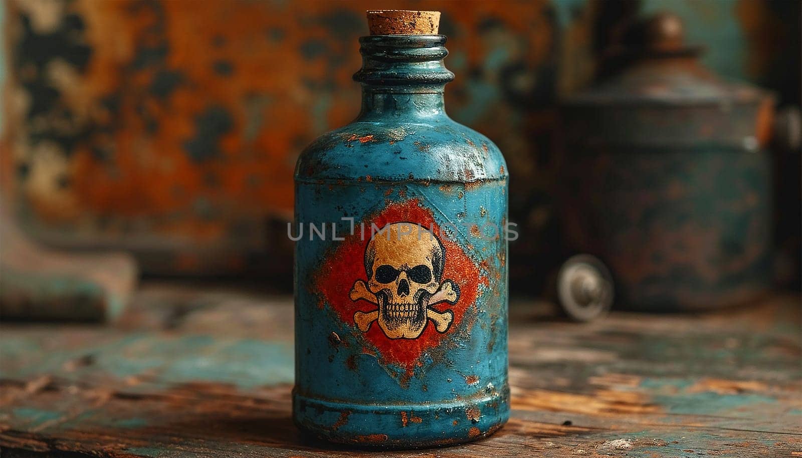 Poison bottle with skull and bones stands among pharmaceutical bottles. Danger sign, symbol of death. Concept background on poison poisoning, pharmaceutical, chemistry, medical, old science topic. Copy space