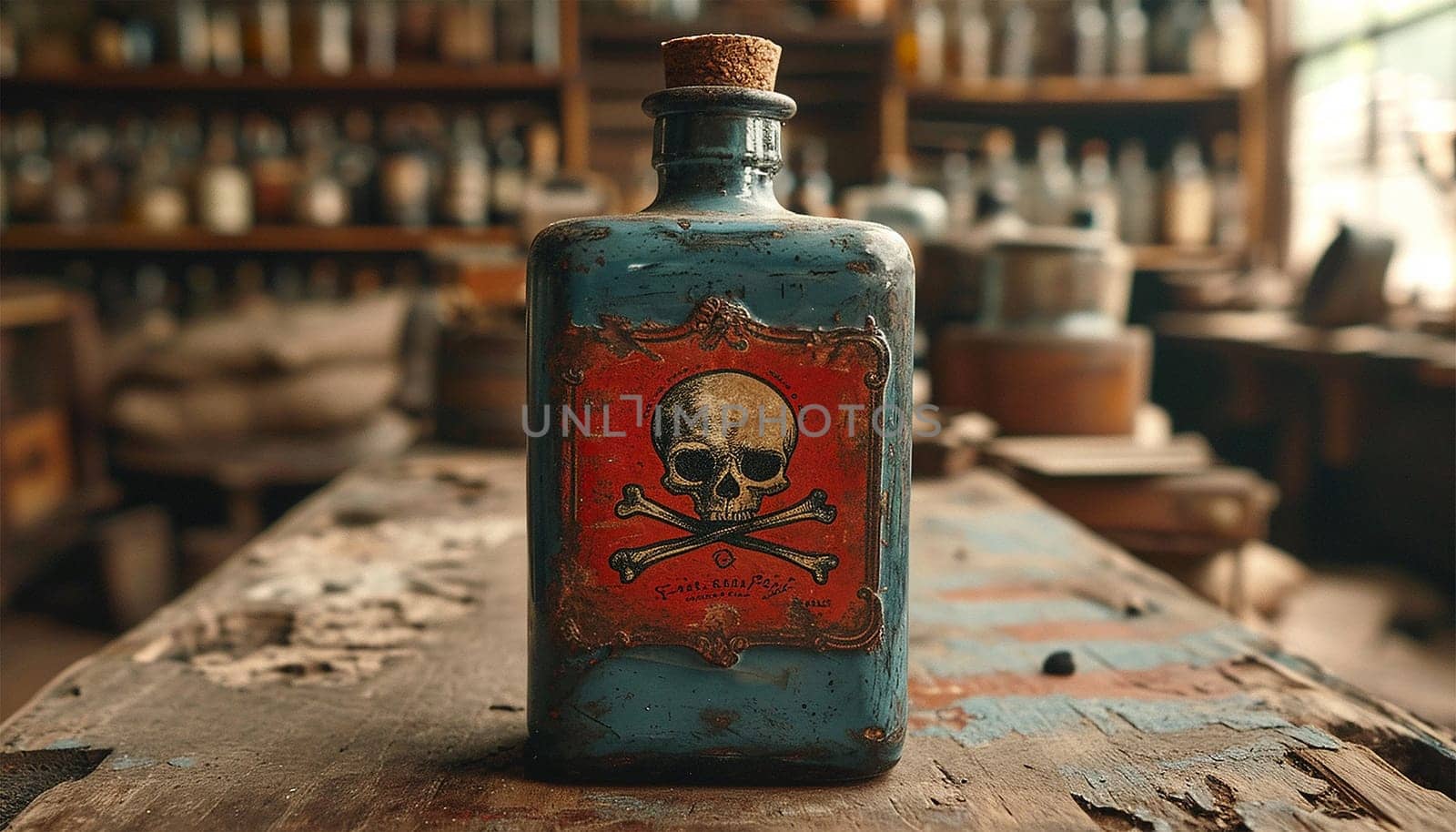 Poison bottle with skull and bones stands among pharmaceutical bottles. Danger sign, symbol of death. Concept background on poison poisoning, pharmaceutical, chemistry, medical, old science topic. Copy space