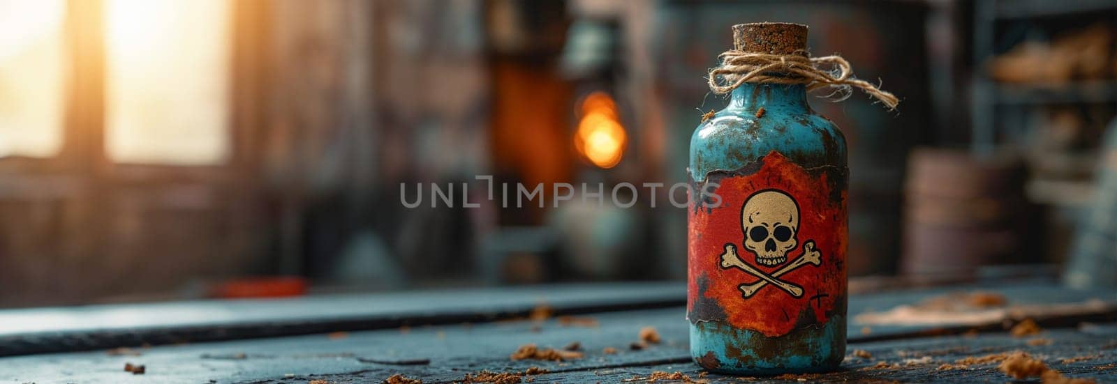 Poison bottle with skull and bones stands among pharmaceutical bottles. Danger sign, symbol of death. Concept background on poison poisoning, pharmaceutical, chemistry, medical, old science topic. by Annebel146