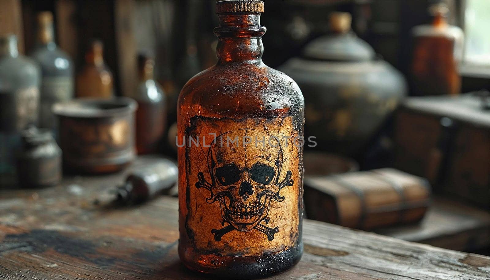Poison bottle with skull and bones stands among pharmaceutical bottles. Danger sign, symbol of death. Concept background on poison poisoning, pharmaceutical, chemistry, medical, old science topic. by Annebel146
