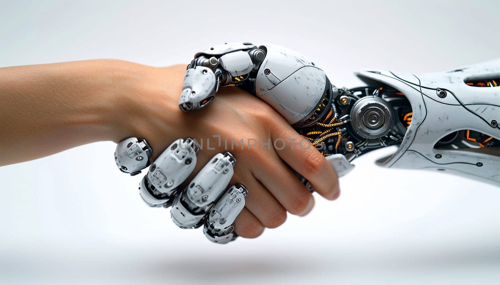 Robot shaking human hand. Cyber communication design concept. Female robot and human holding hands with handshake. Digital robot handshake futuristic digital age robot science digital technology white background close up