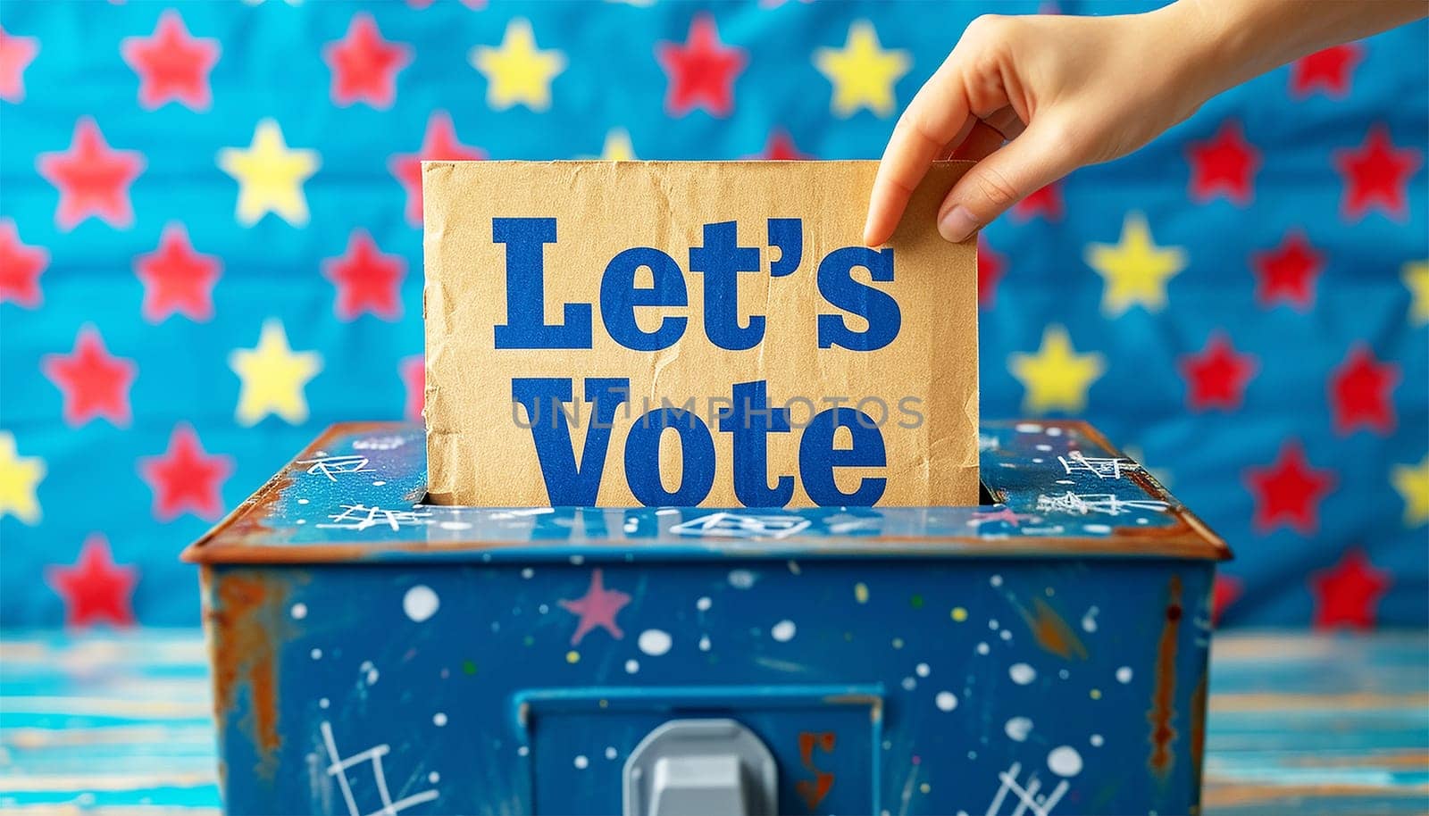 Text "Let's vote" Flat presidential election and democracy political president, governor, or parliament member with election and referendum freedom to hand wood vote copy space