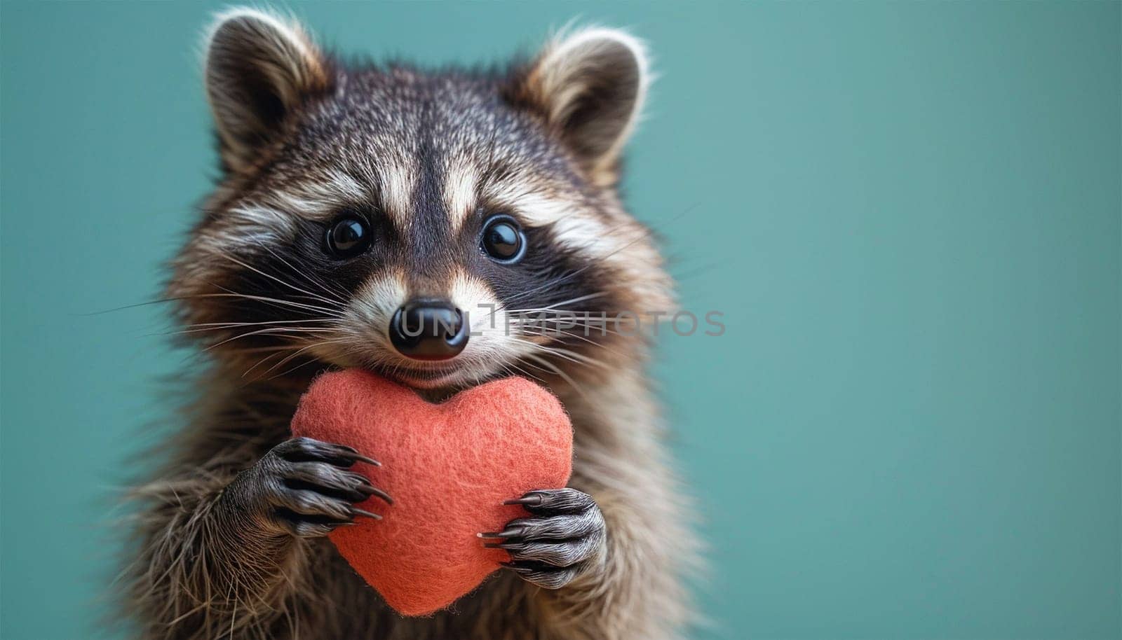 Adorable racoon holding heart on pastel green background. Valentine background Pretty grey mammal hugging pink red heart Wildlife animal, love concept Happy Valentine's Day by Annebel146