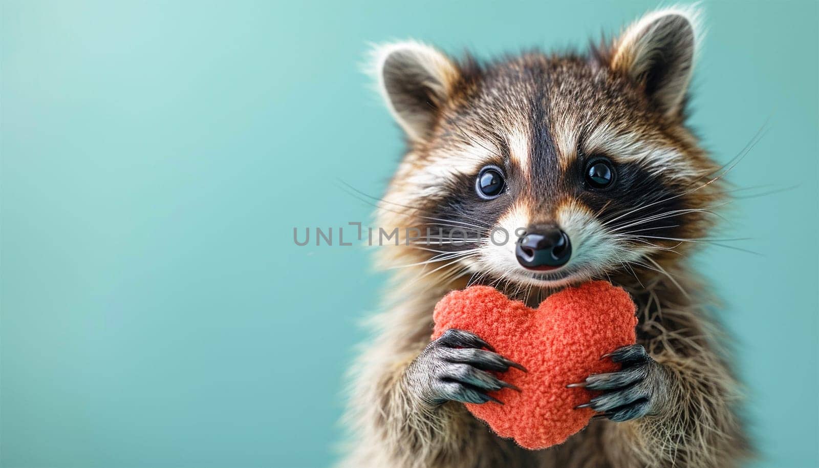 Adorable racoon holding heart on pastel green background. Valentine background Pretty grey mammal hugging pink red heart Wildlife animal, love concept Happy Valentine's Day Space for text