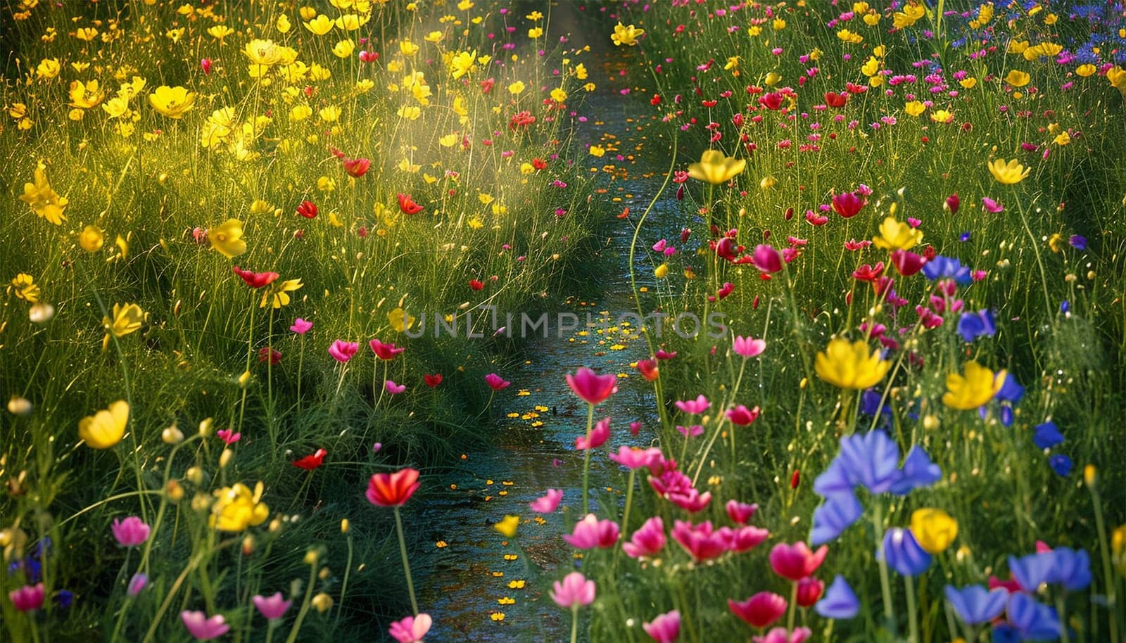 Field of cosmos flowers. A beautiful, sun-drenched spring summer meadow. Natural colorful panoramic landscape with many wild flowers of daisies against blue sky. A frame with soft selective focus. by Annebel146