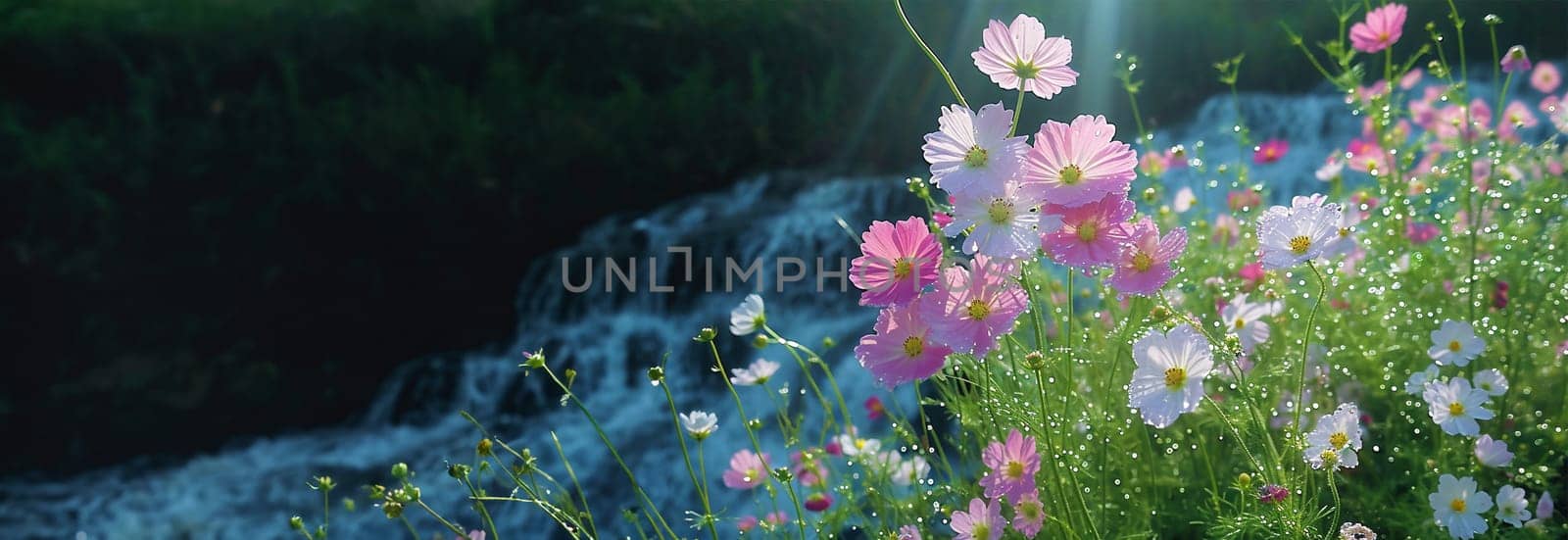 Field of cosmos flowers. A beautiful, sun-drenched spring summer meadow. Natural colorful panoramic landscape with many wild flowers of daisies against blue sky. A frame with soft selective focus.pastel