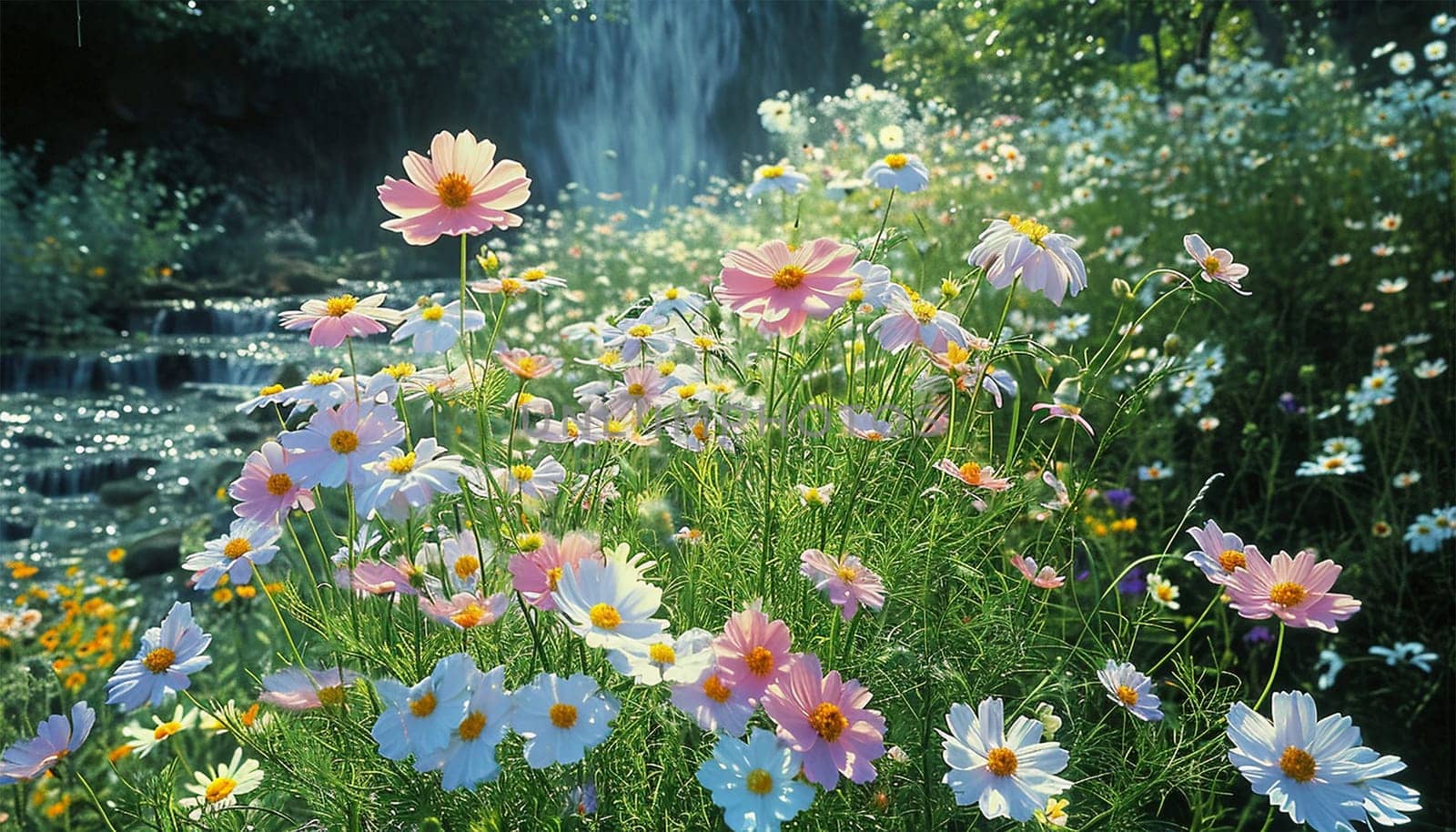 Field of cosmos flowers. A beautiful, sun-drenched spring summer meadow. Natural colorful panoramic landscape with many wild flowers of daisies against blue sky. A frame with soft selective focus.pastel