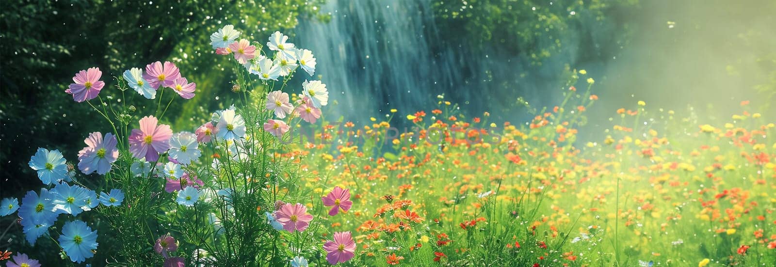 Field of cosmos flowers. A beautiful, sun-drenched spring summer meadow. Natural colorful panoramic landscape with many wild flowers of daisies against blue sky. A frame with soft selective focus. by Annebel146