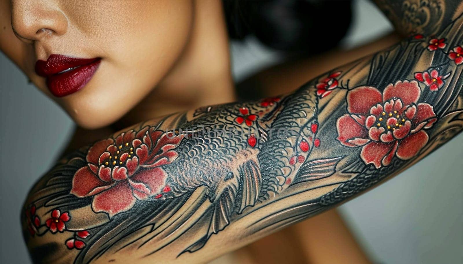 Asian woman filled with artistic tattoos on body. black tattoo with paint. Master works. Master of tattoo fill circuit tattoo. Beauty
