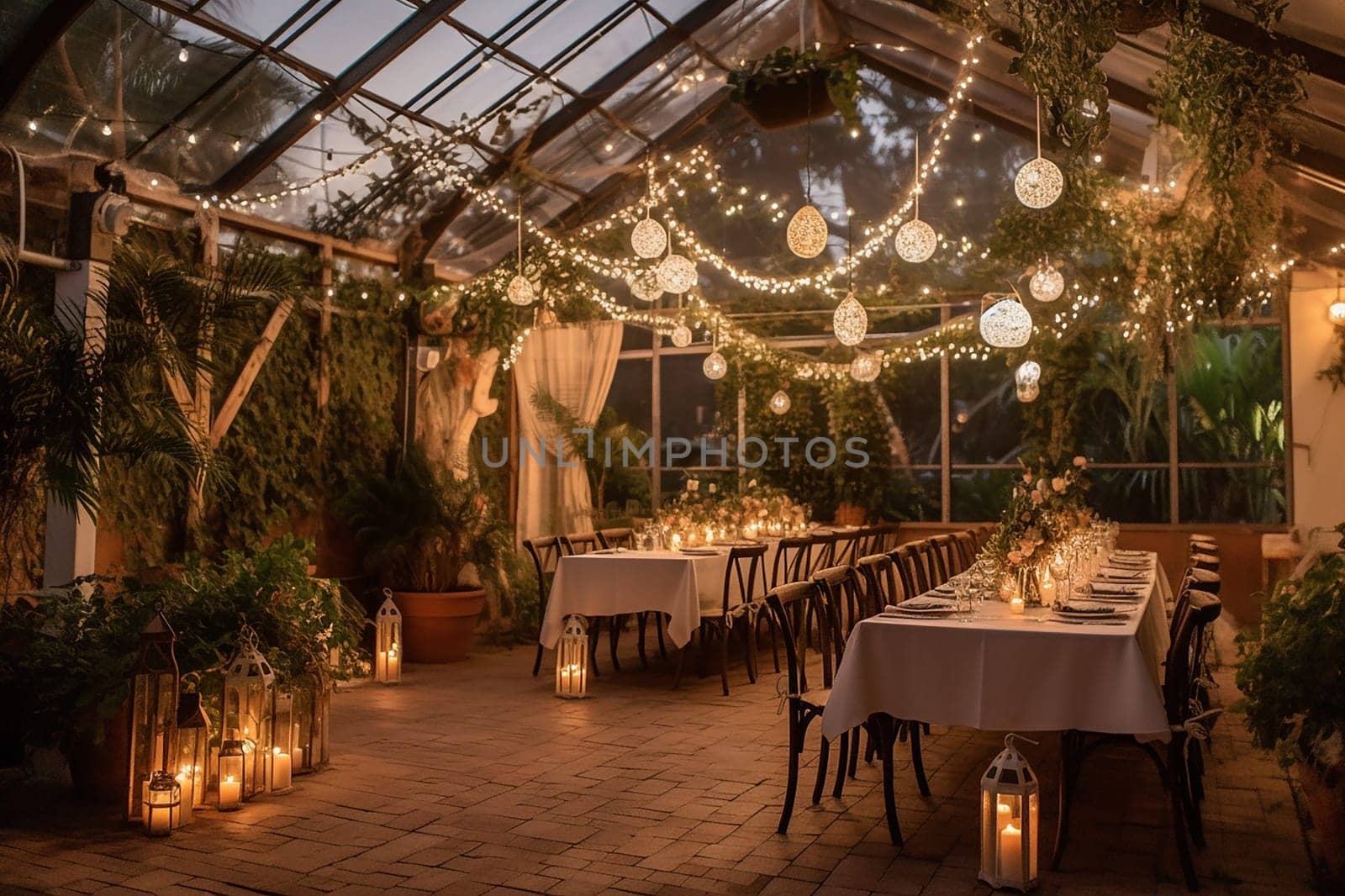 Elegant evening event in a greenhouse with fairy lights and candles.