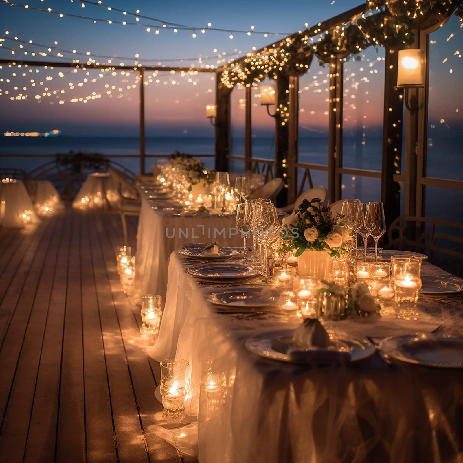 Elegant outdoor dining setup under string lights at dusk overlooking the sea.