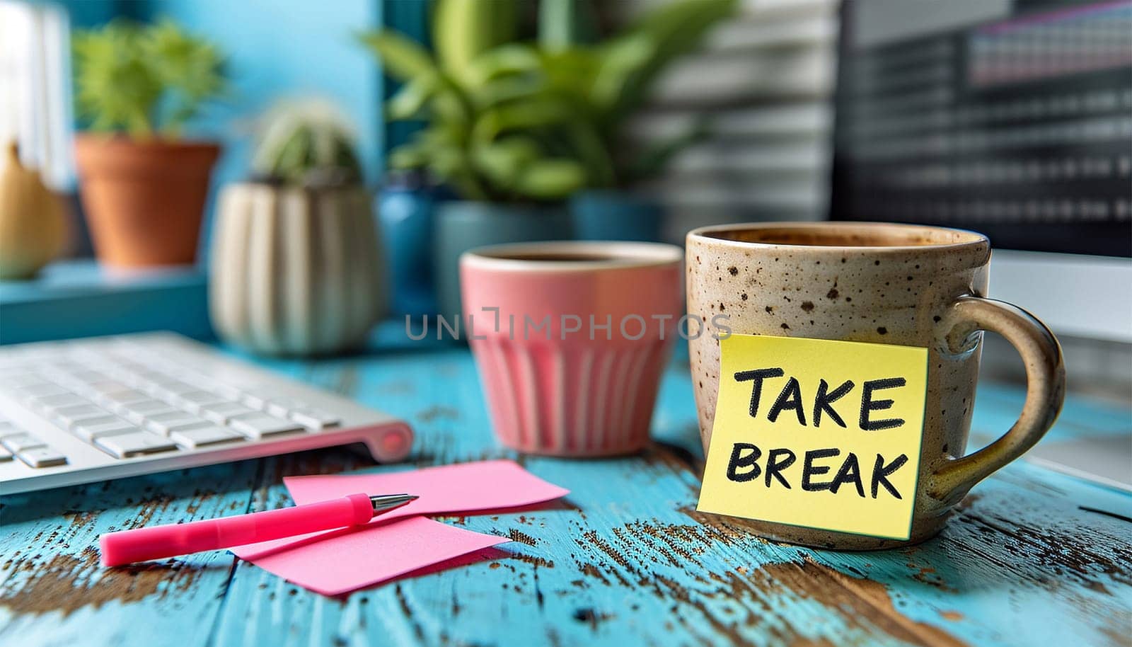 Work place,office room desk with sticky note text Take a break concept for relaxing,enjoy life. Copy space