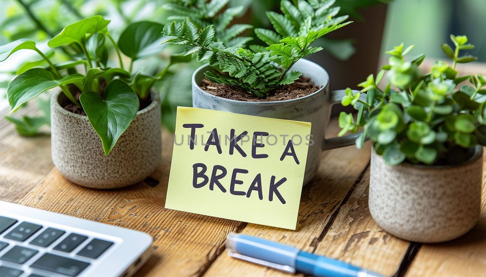 Work place,office room desk with sticky note text Take a break concept for relaxing,enjoy life. Copy space