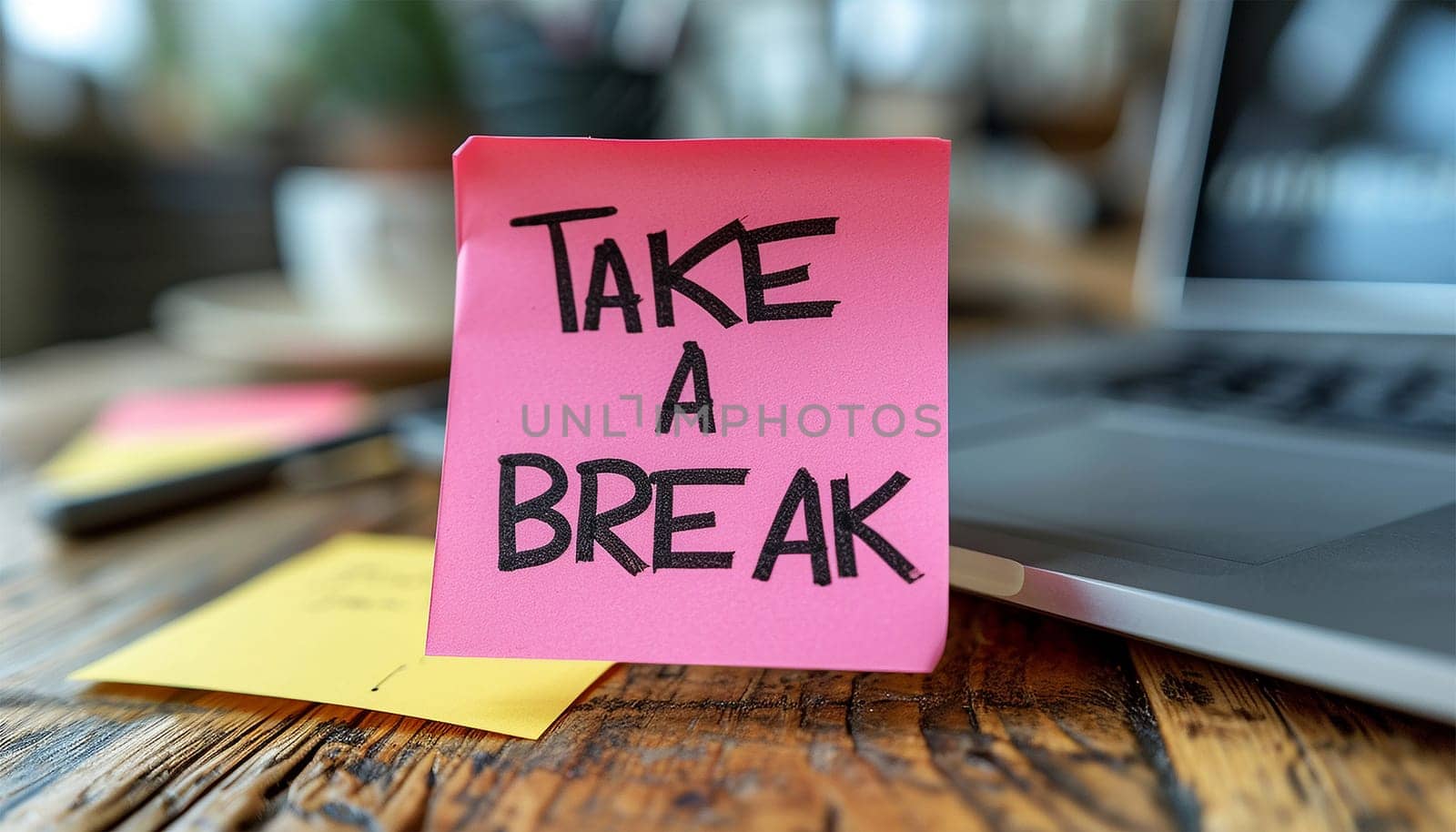 Work place,office room desk with sticky note text "Take a break" concept for relaxing,enjoy life. by Annebel146