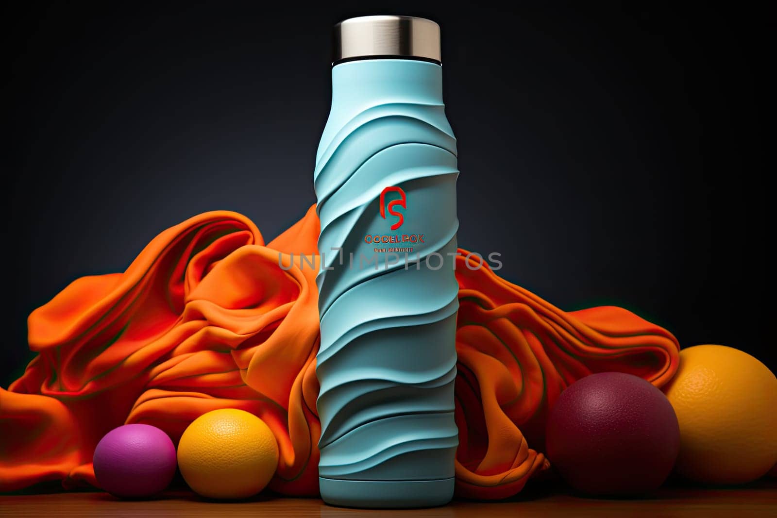 Water bottles, colored towel on table in bright colors, fitness concept, Generative AI by AnatoliiFoto