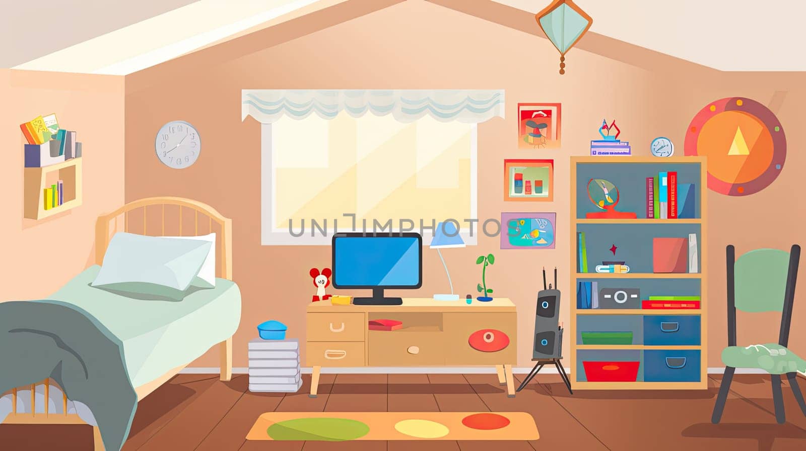 Cozy children's room with furniture, bedroom. Spacious and safe children's room by AnatoliiFoto