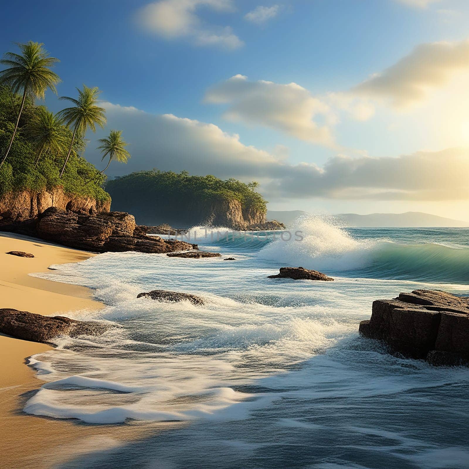 Ocean Waves and Sea Rocks in a Beach Cove