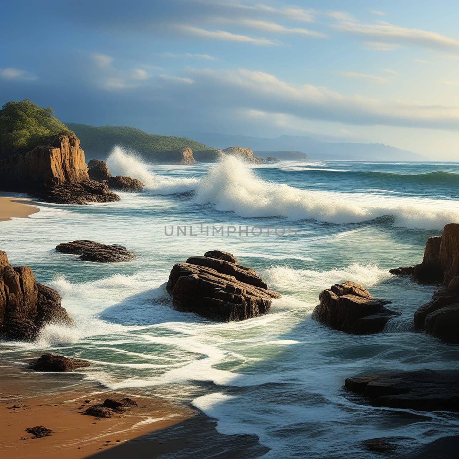 Dynamic Ocean Waves and Splashing on Majestic Sea Rocks in a Beach Cove by Petrichor