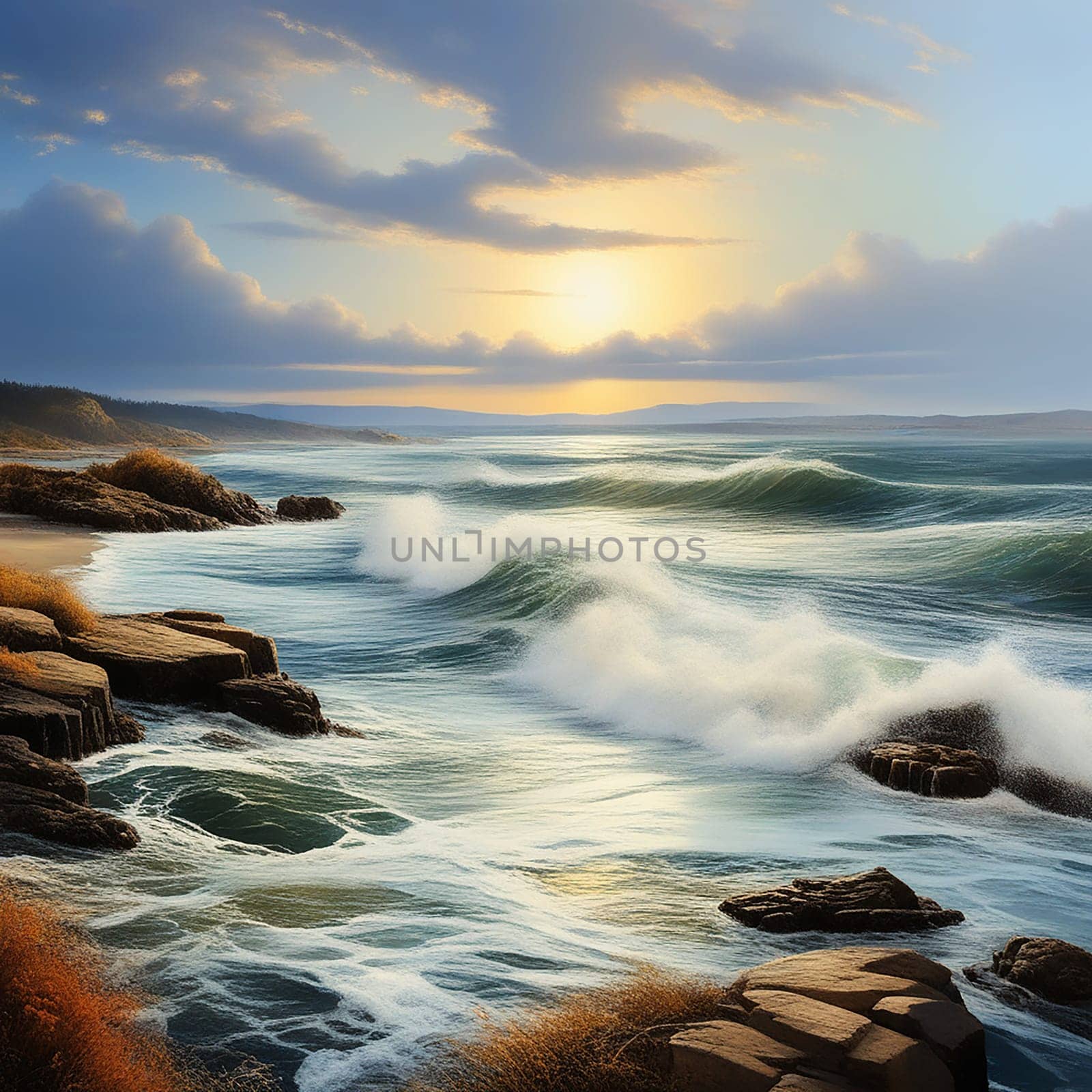 Ocean Waves and Sea Rocks in a Serene Beach Cove by Petrichor