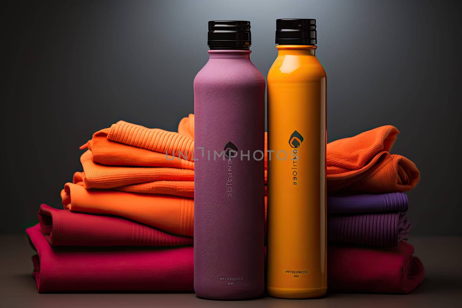 Water bottles, colored towel on table in bright colors, fitness concept, Generative AI by AnatoliiFoto