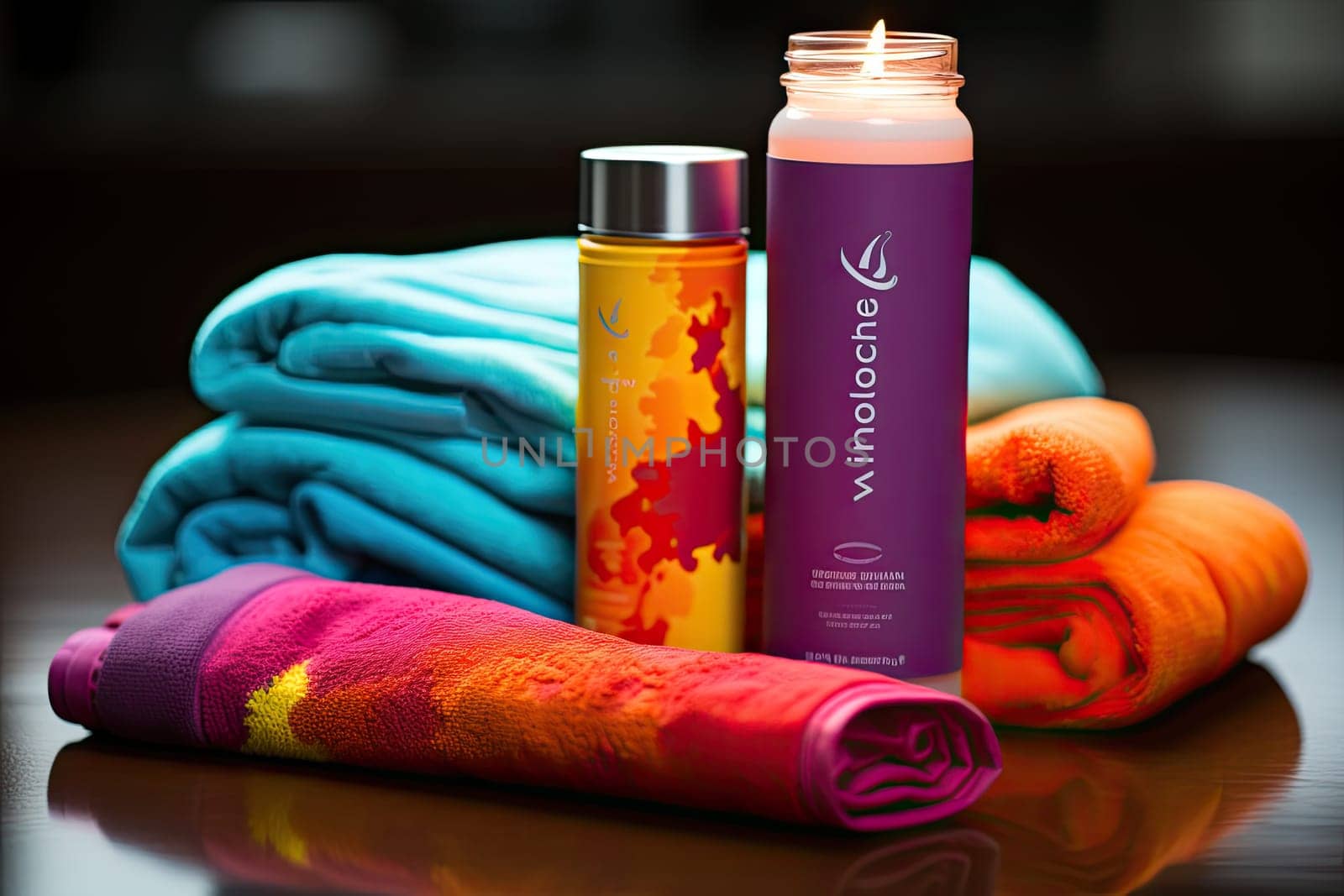 Water bottles, colored towel on table in bright colors, fitness concept, Generative AI.