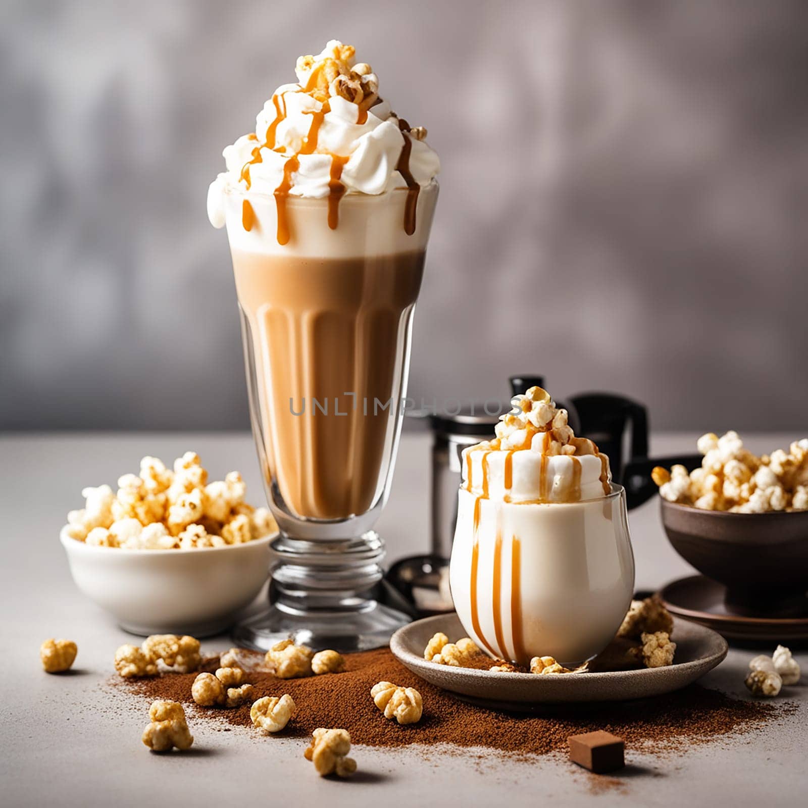 Sweet Milkshake with Caramel Syrup, Cream Liqueur, Caramel Popcorn, and Chocolate Powder on a Vintage Brown Background with a Manual Coffee Grinder