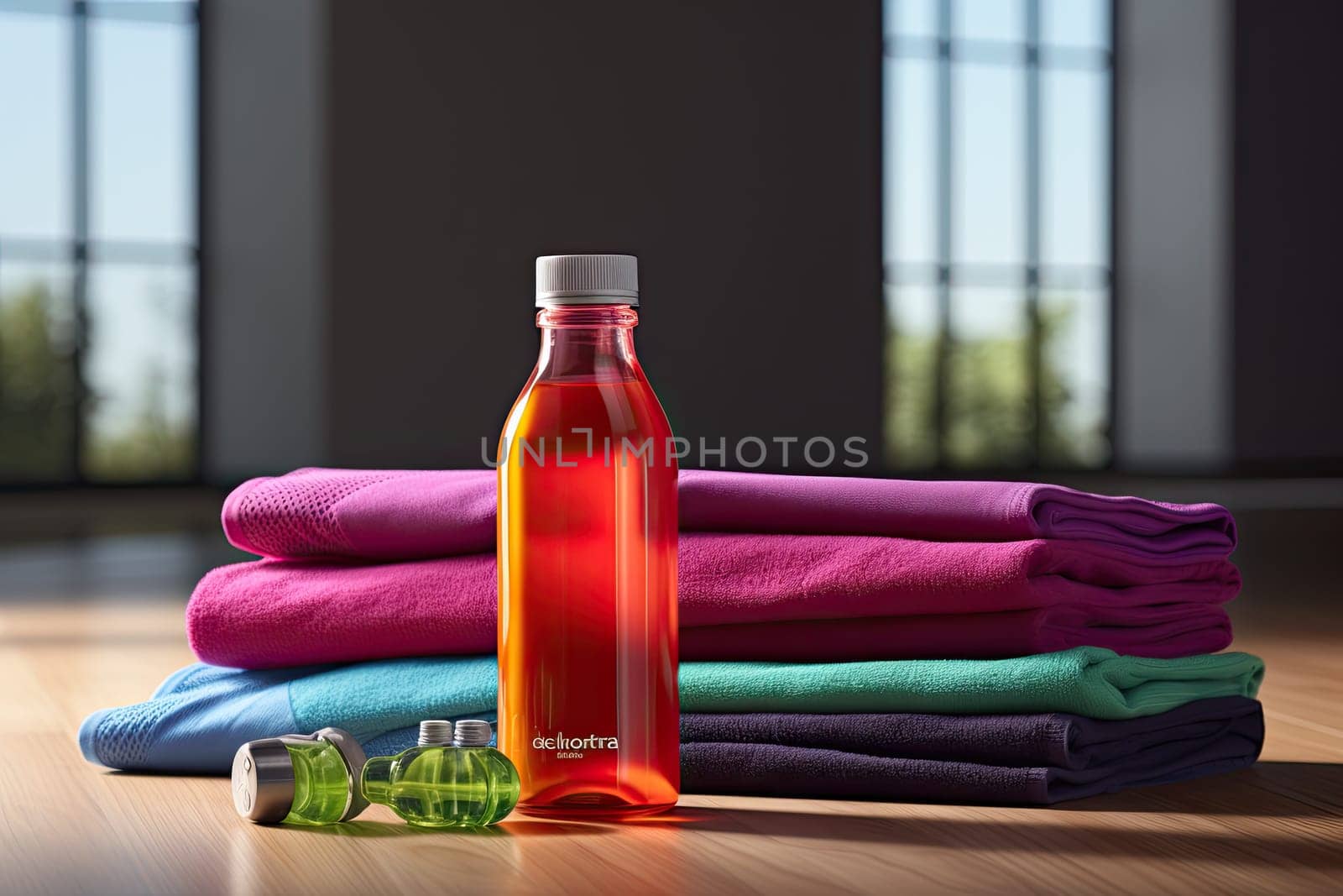 Water bottles, colored towel on table in bright colors, fitness concept, Generative AI.
