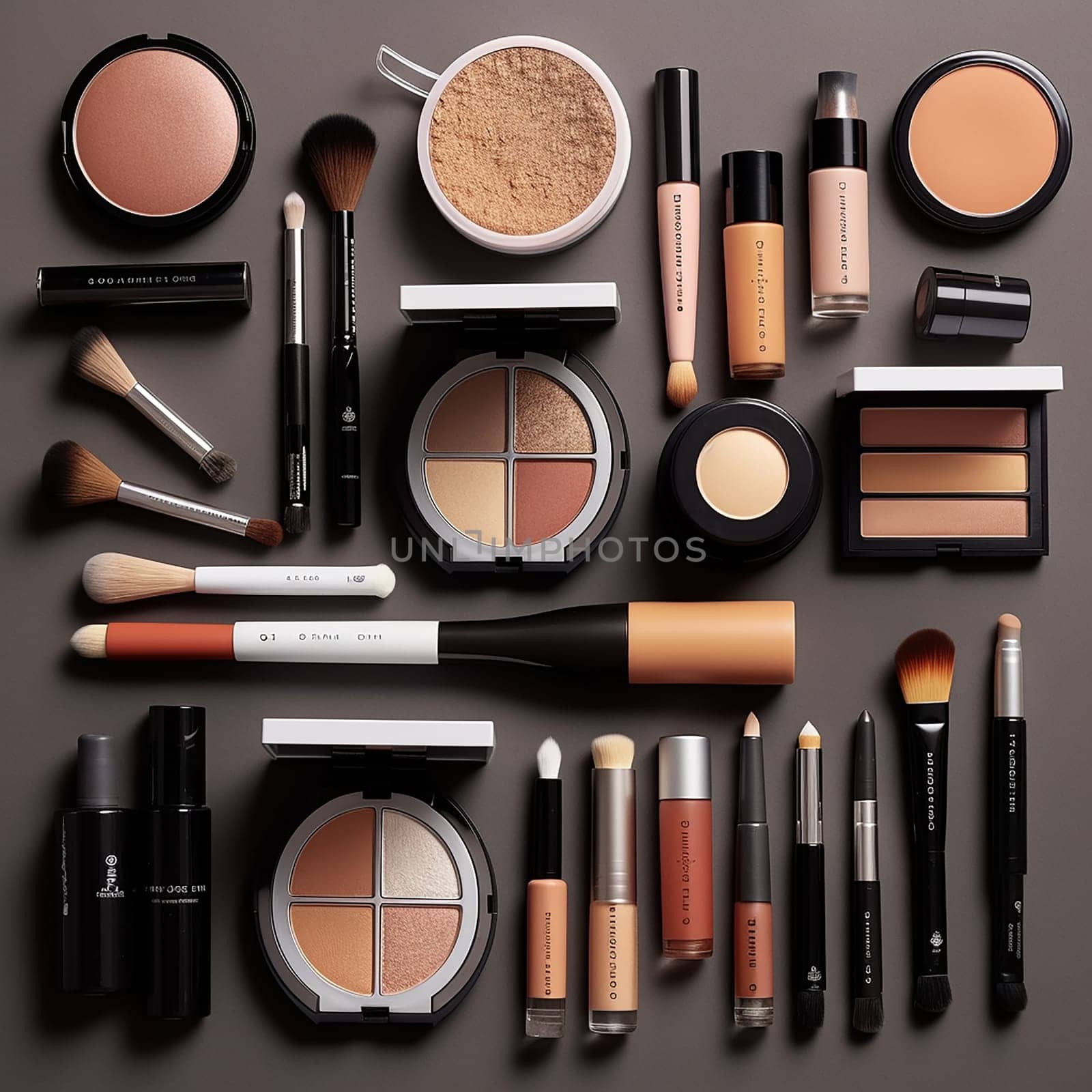Assortment of makeup products and brushes laid out on a flat surface.
