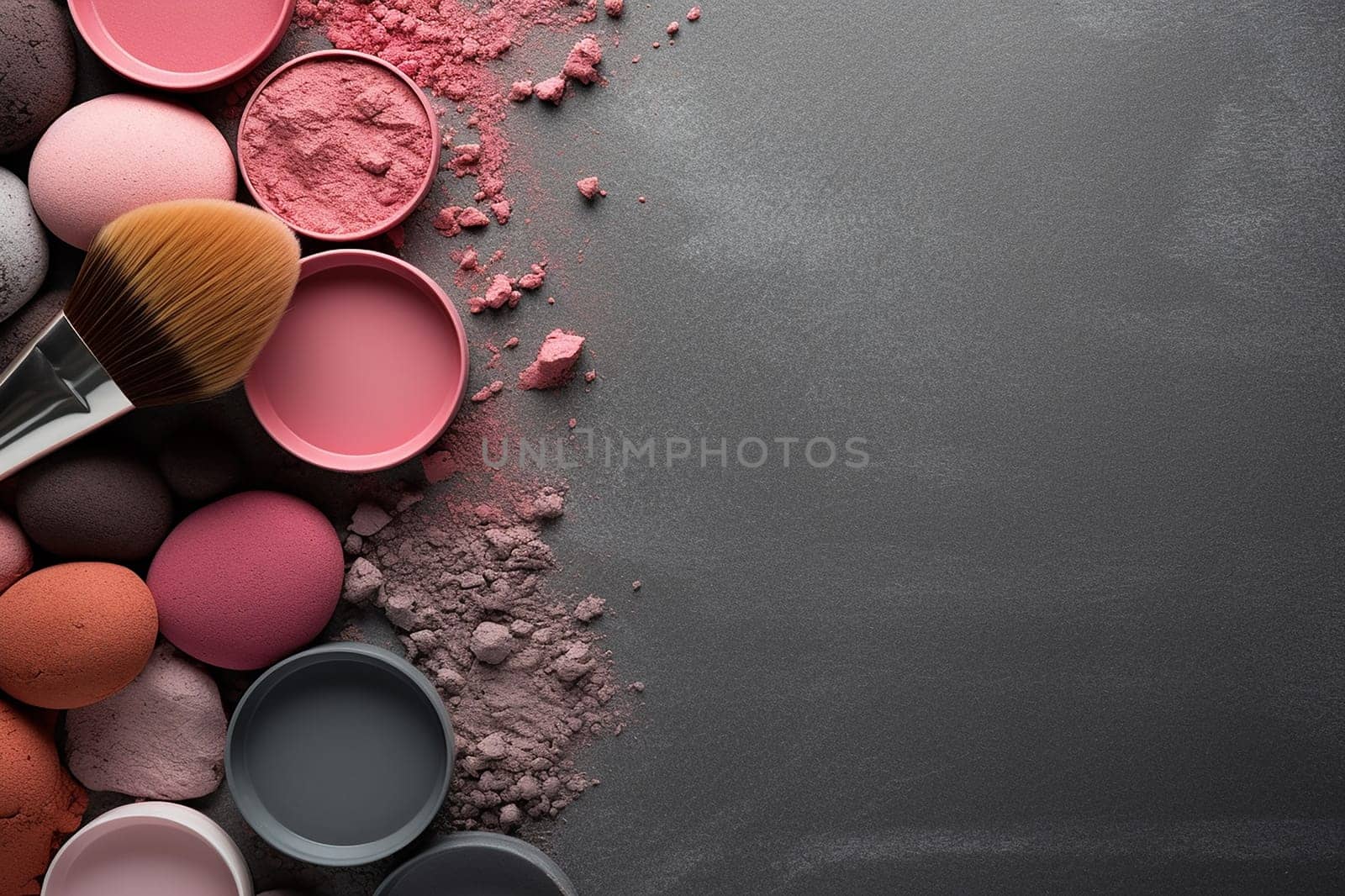 Various makeup products artistically displayed on dark background.