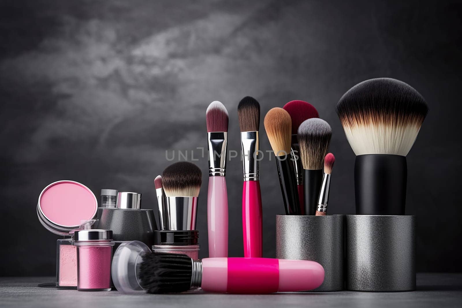 Assortment of cosmetic brushes and makeup on a dark background.