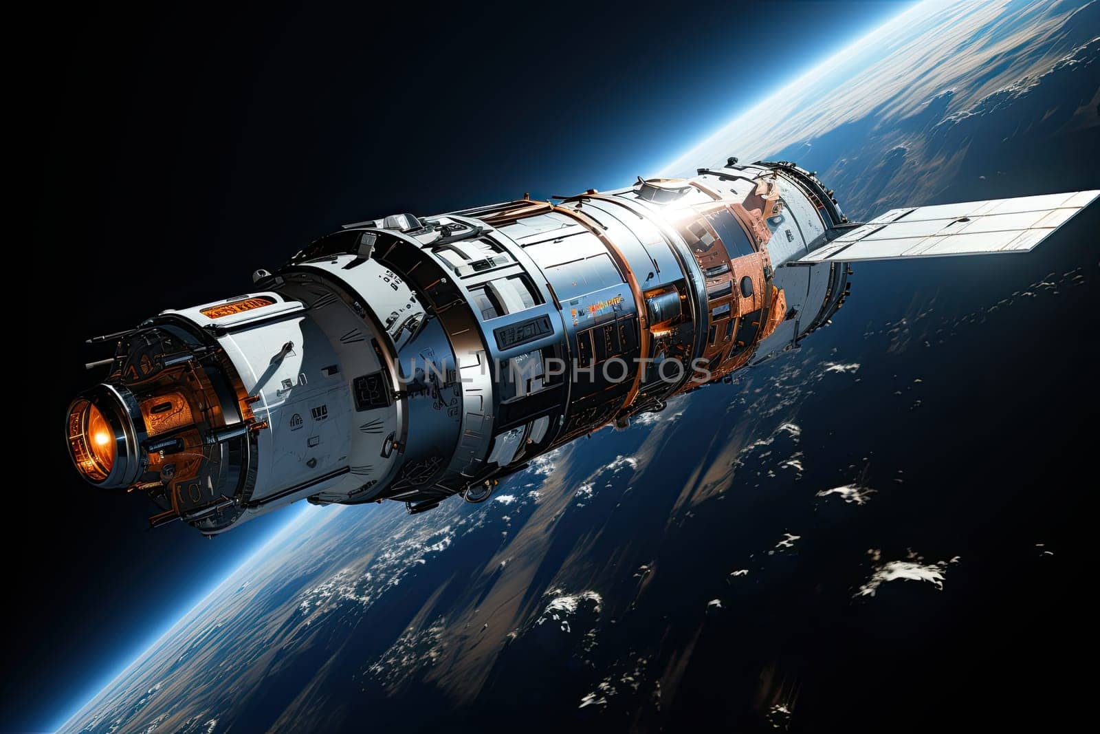 large spaceship in space in orbit against the background of the earth, Cinematic Still, Future concept, Generative AI.