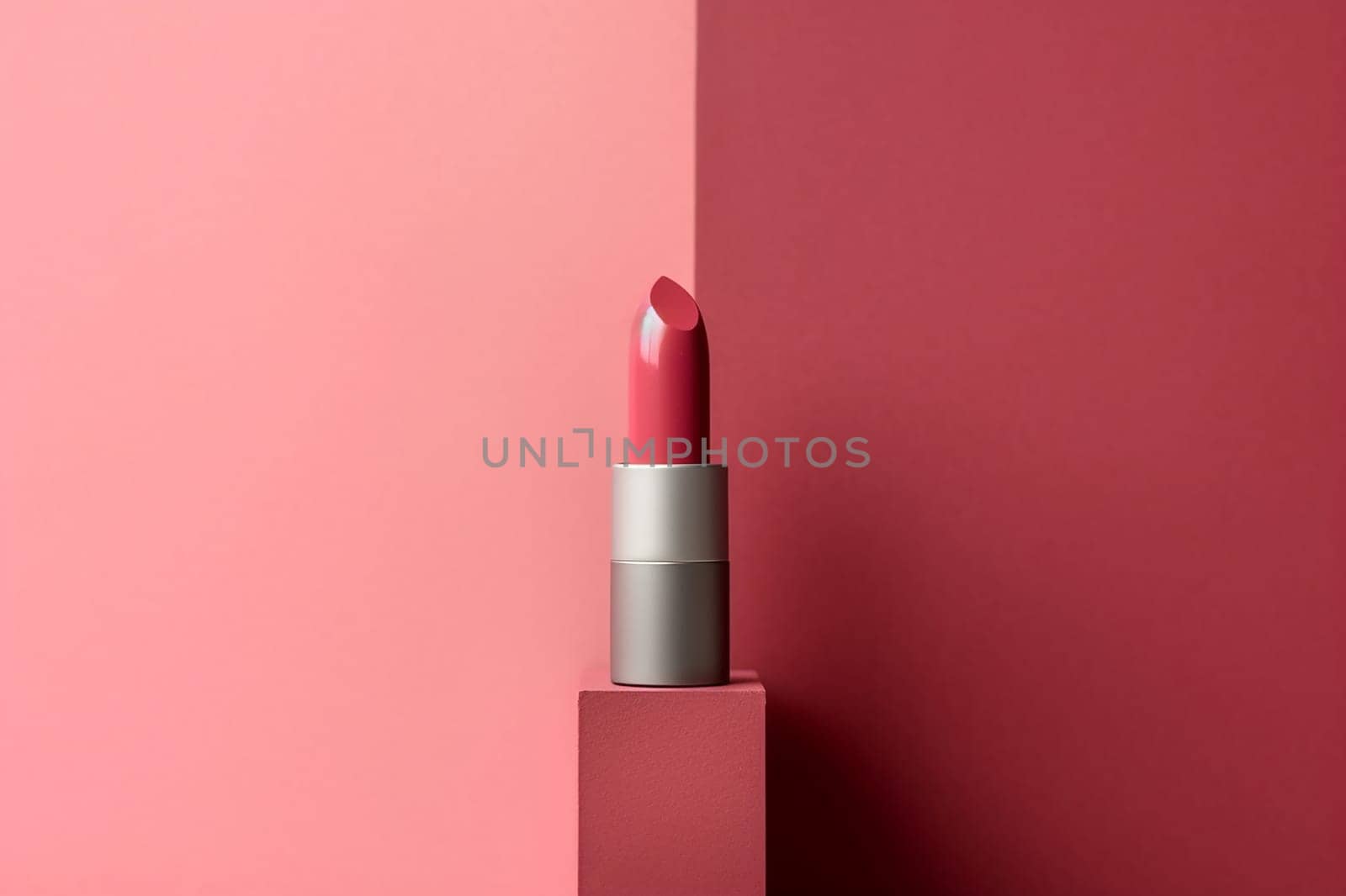 A single lipstick with matching pink background, poised elegantly.