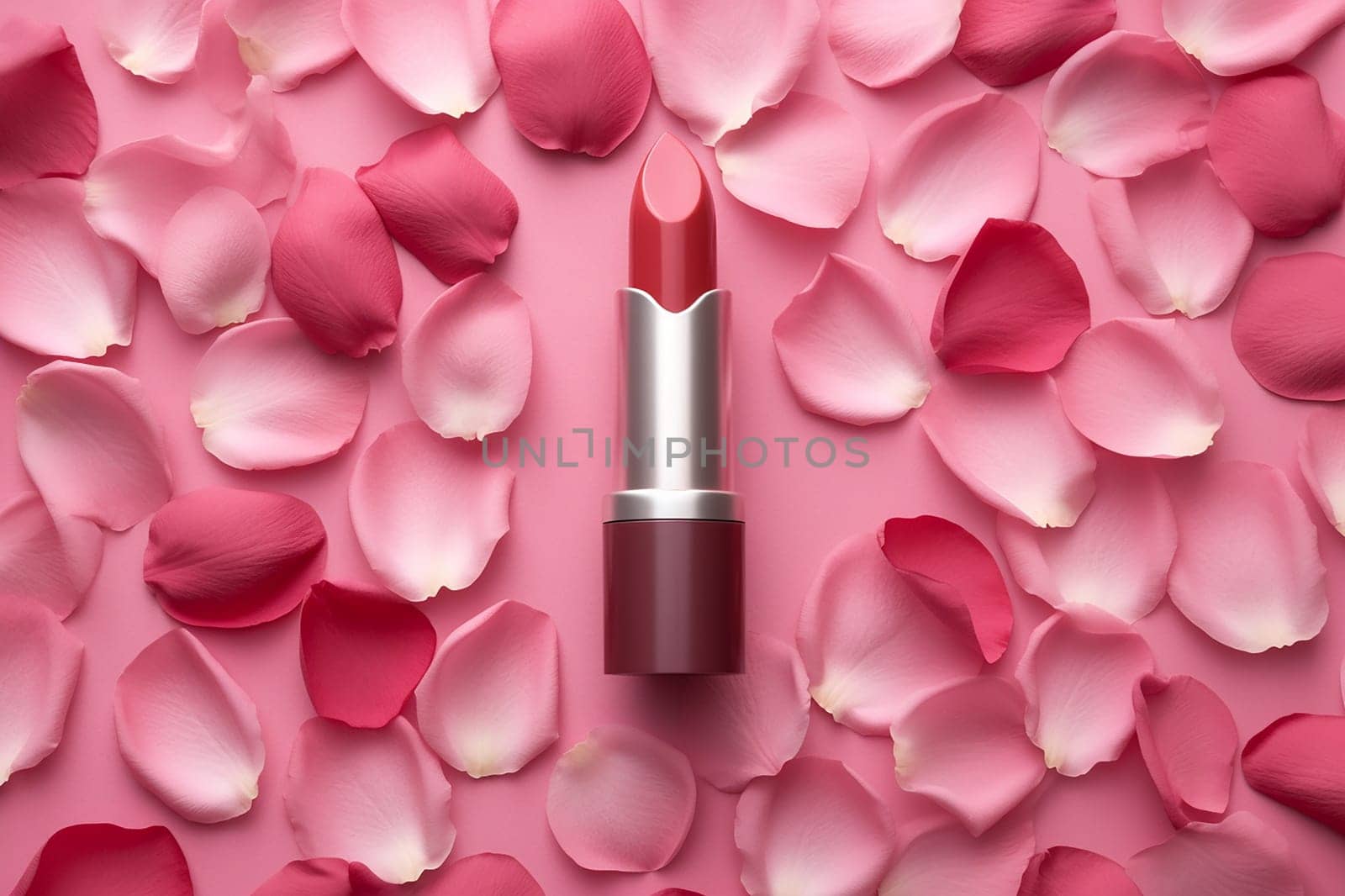 Red lipstick surrounded by scattered pink rose petals by Hype2art