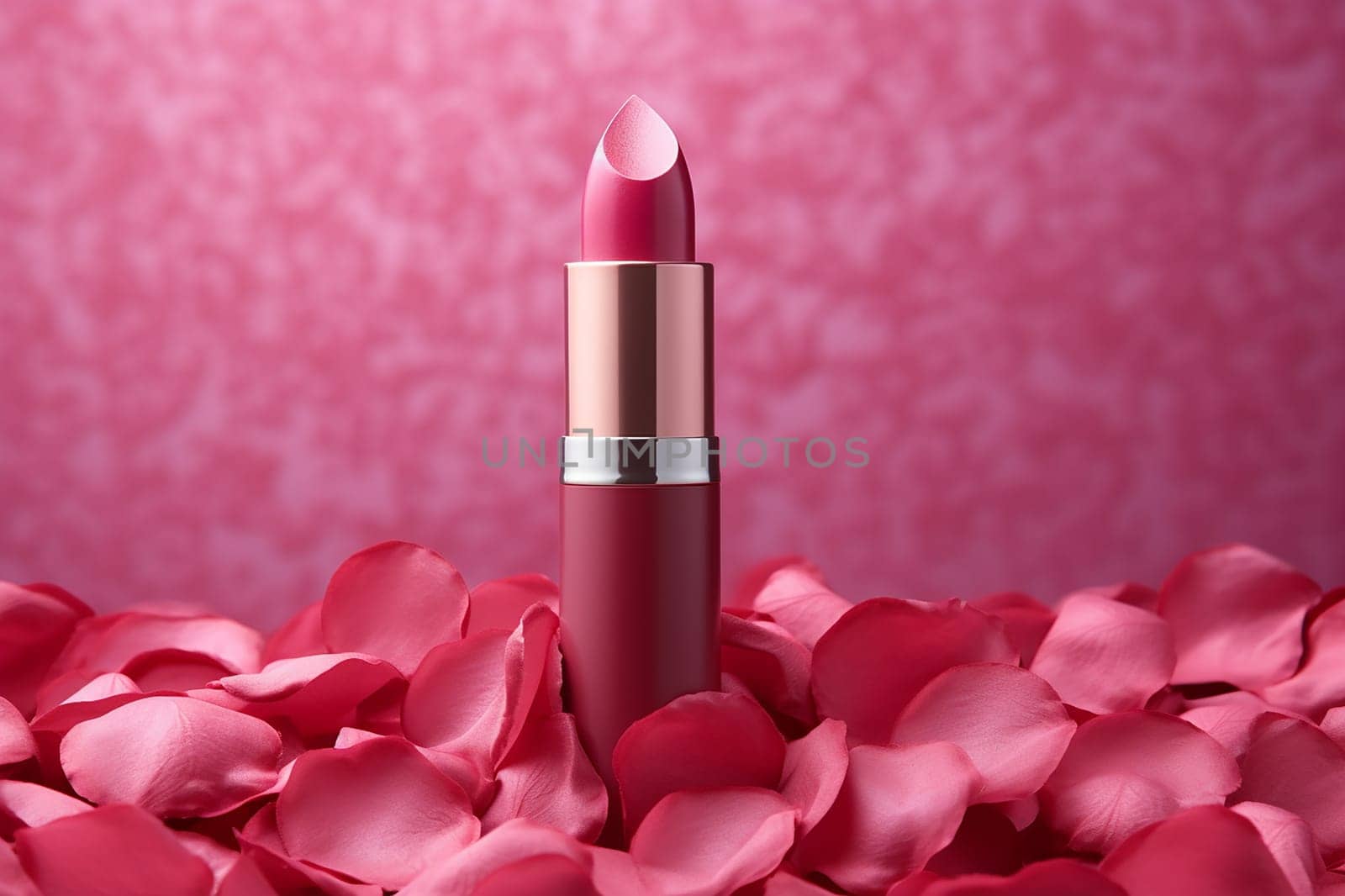 Close-up of a lipstick on a bed of rose petals.