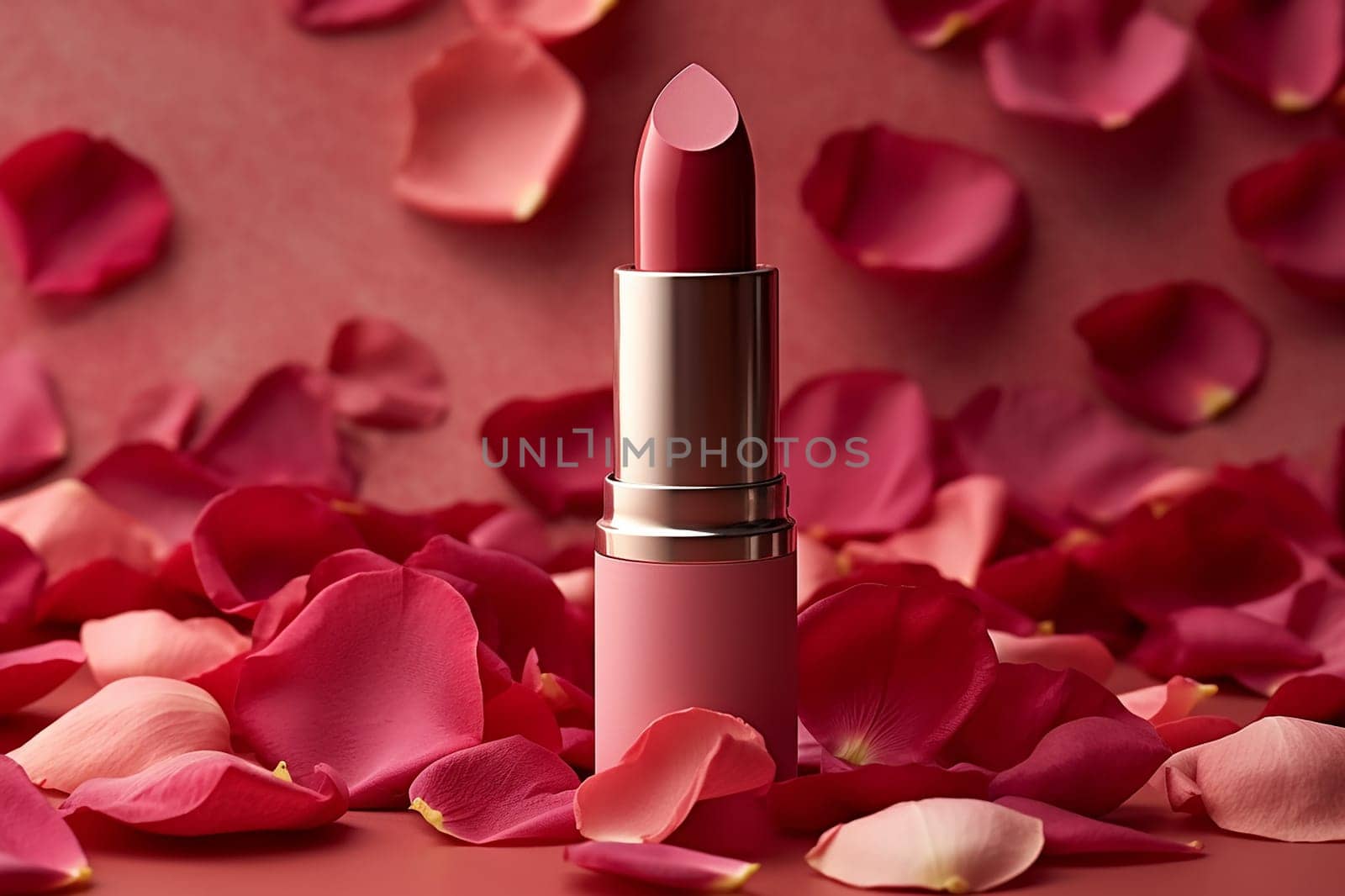 Elegant lipstick surrounded by scattered rose petals by Hype2art