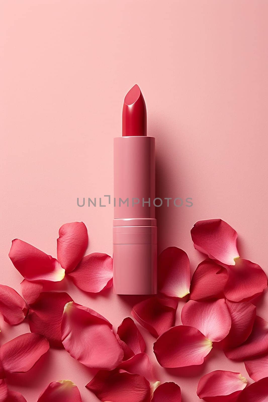 Pink lipstick surrounded by rose petals on a pastel background. by Hype2art