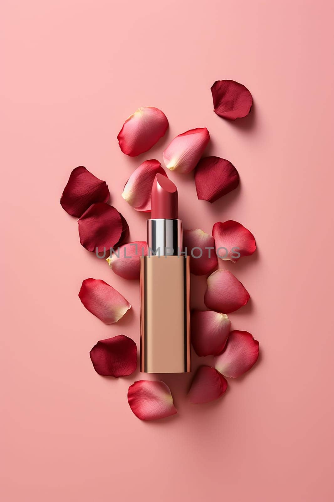 Golden lipstick surrounded by scattered rose petals on a pink background.