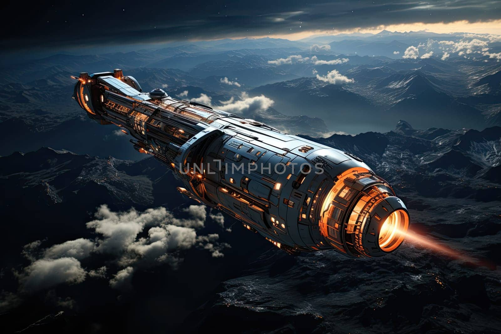 large spaceship in space in orbit against the background of the earth, Cinematic Still, Future concept, Generative AI by AnatoliiFoto