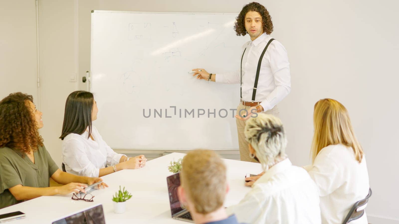 Man explaining an idea using a white board in a meeting room