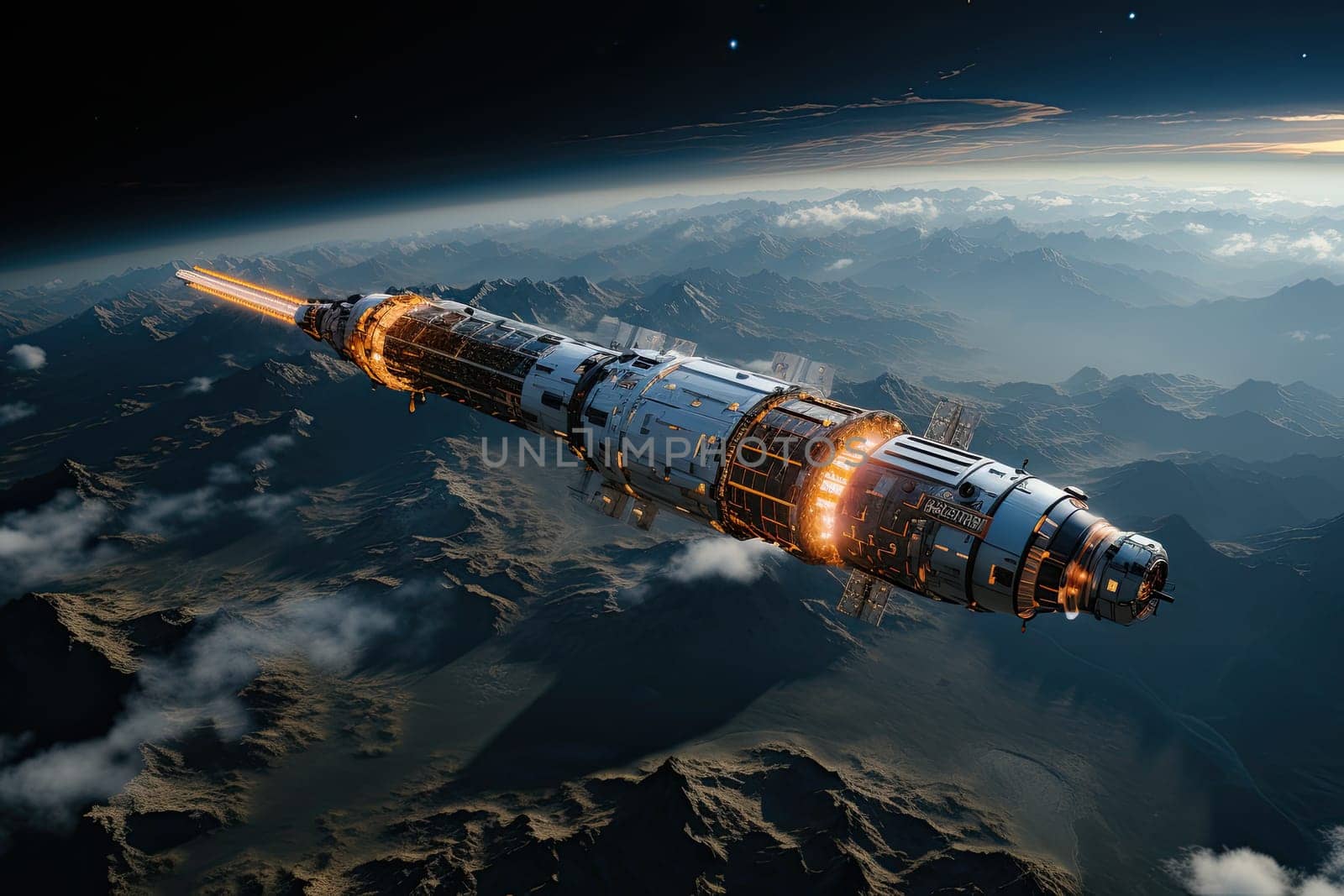 large spaceship in space in orbit against the background of the earth, Cinematic Still, Future concept, Generative AI by AnatoliiFoto