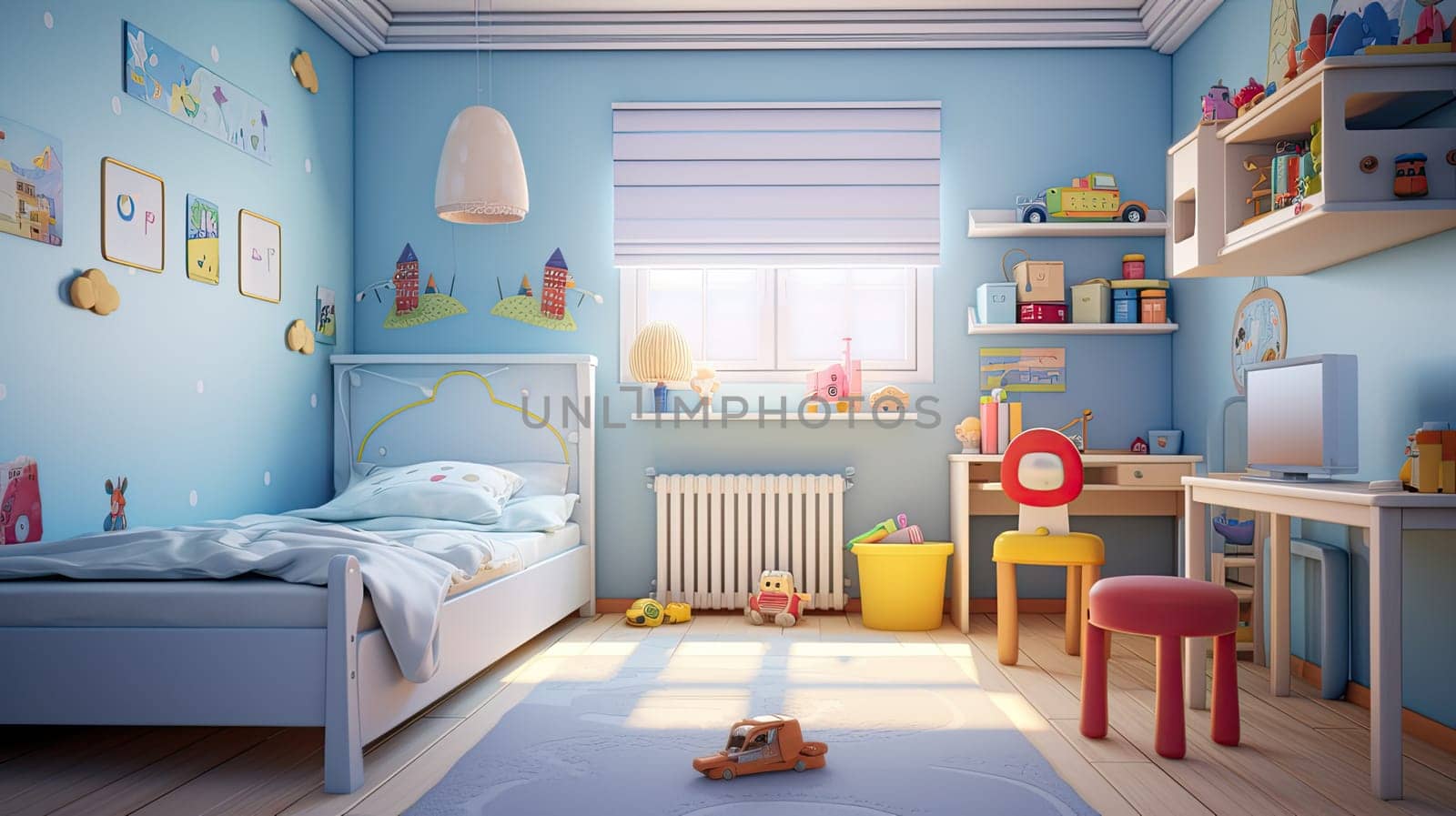 Cozy children's room with furniture, bedroom. Spacious and safe children's room with bed, table and toys. Generative AI