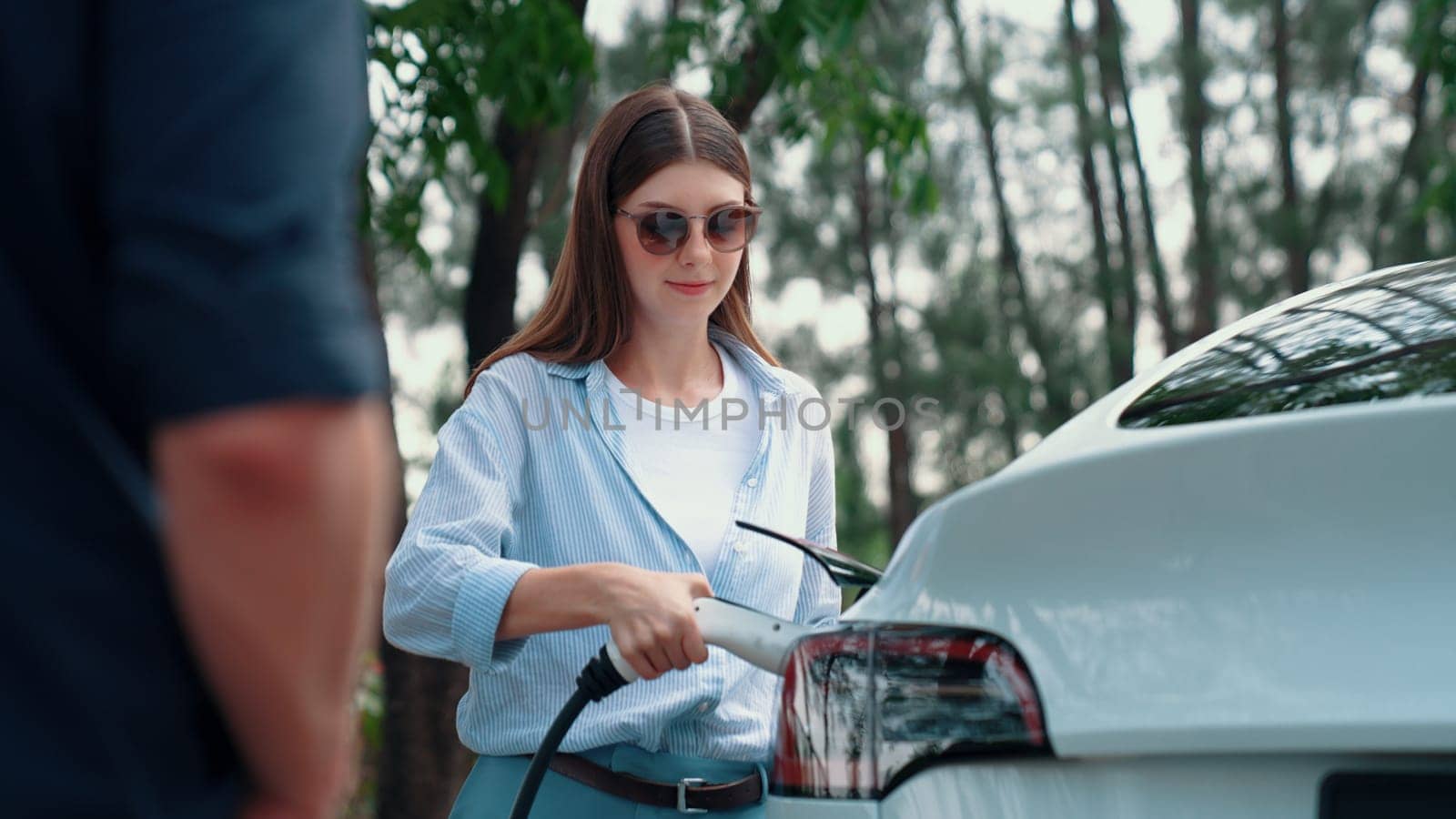 EV car recharging electricity for battery by lovey couple traveling during their road trip travel by eco friendly electric vehicle in national park and greenery forest on holiday. Exalt