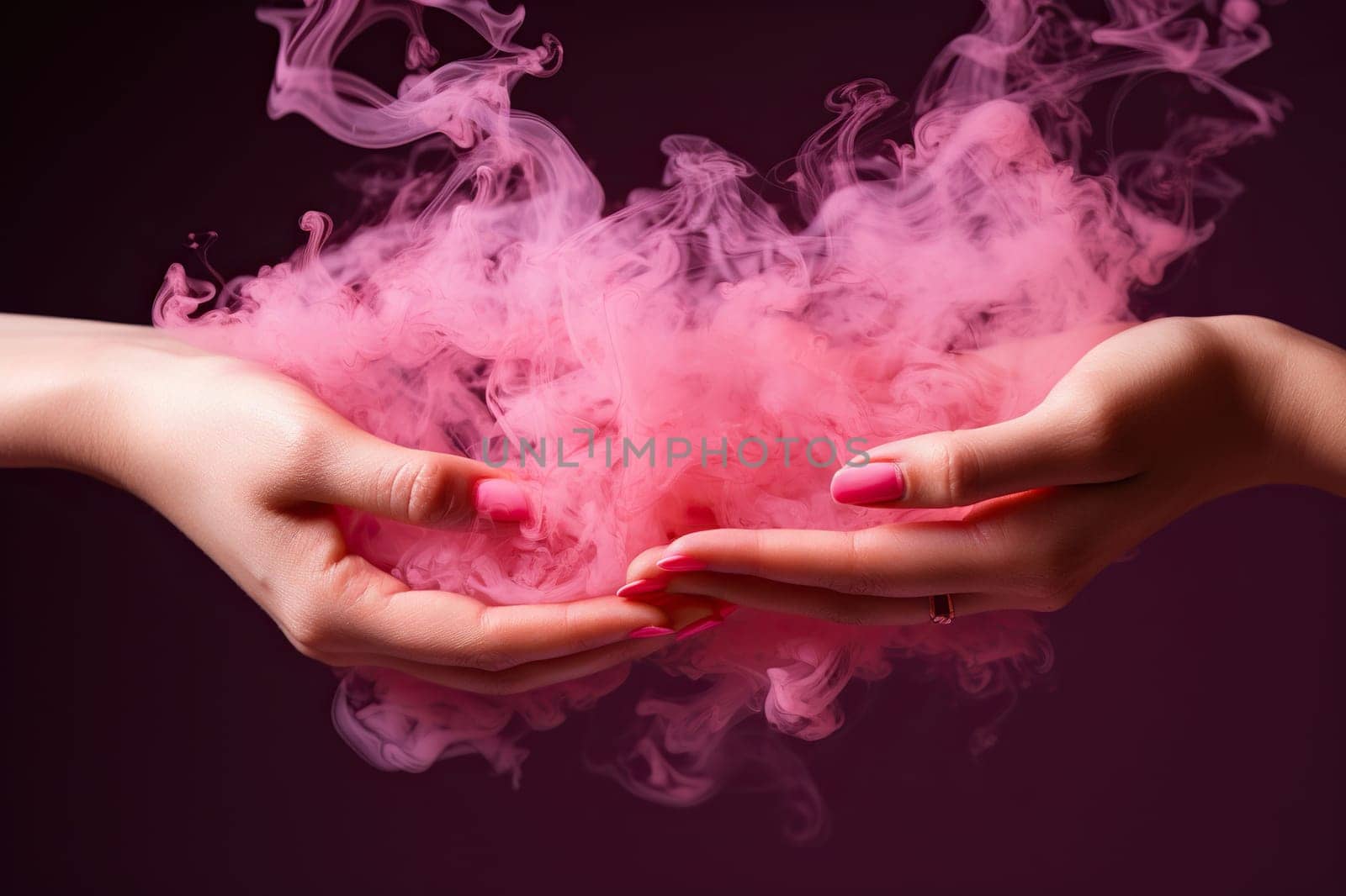 Two female hands connect in puffs of pink smoke on a dark background. Generated by artificial intelligence by Vovmar