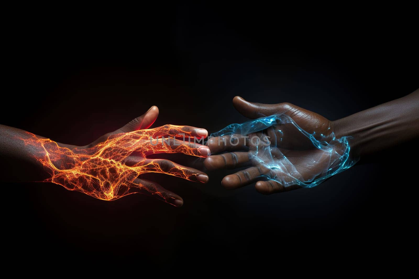 The two hands are connected by neural connections. Generated by artificial intelligence by Vovmar